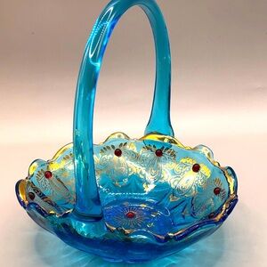 Blue Art Glass Basket w/Gold Scrolls and Red Beading, Bohemian, Boho